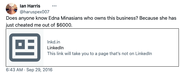 Ian Harris Twitter post asking about Edna after being scammed $6000